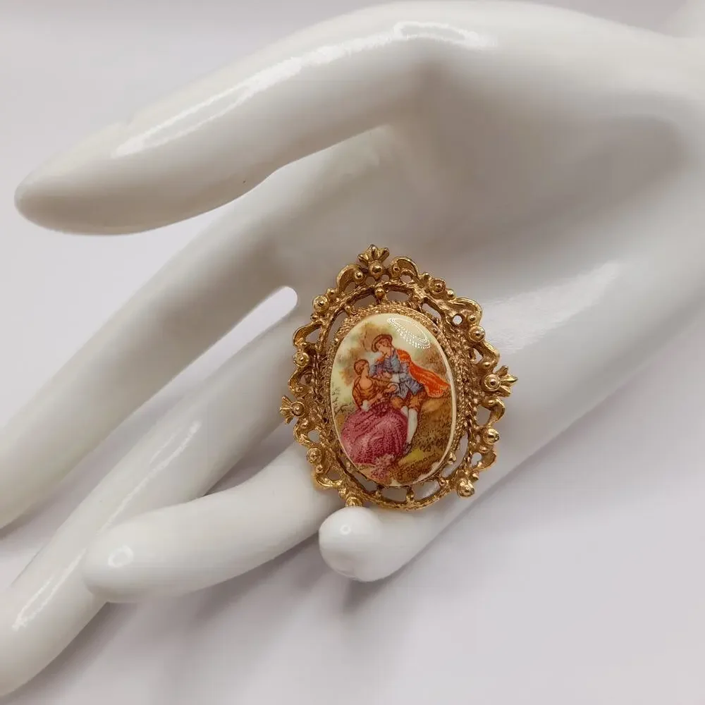 Vintage Courting Couple Porcelain Enamel Pin Brooch, 1960s, Signed